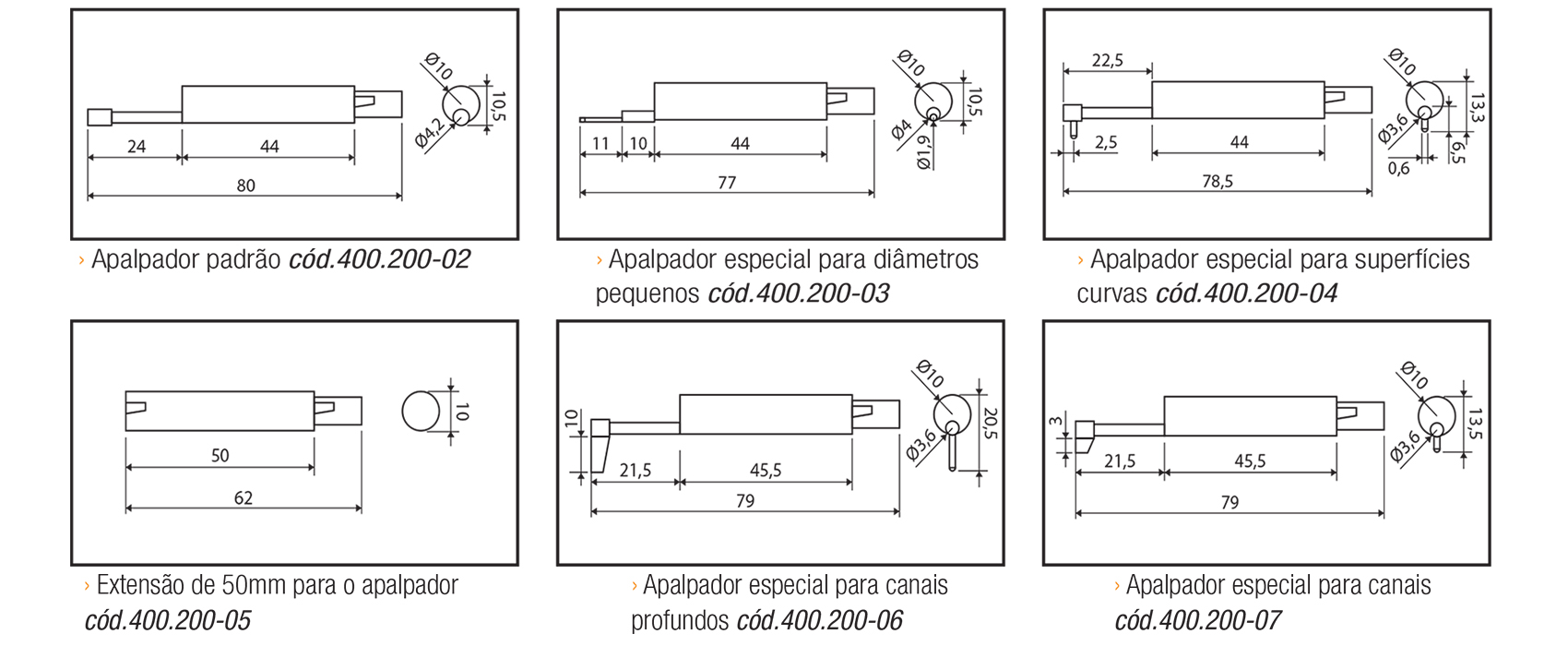Dimensional - Especificações técnicas das Pontas Apalpadoras
